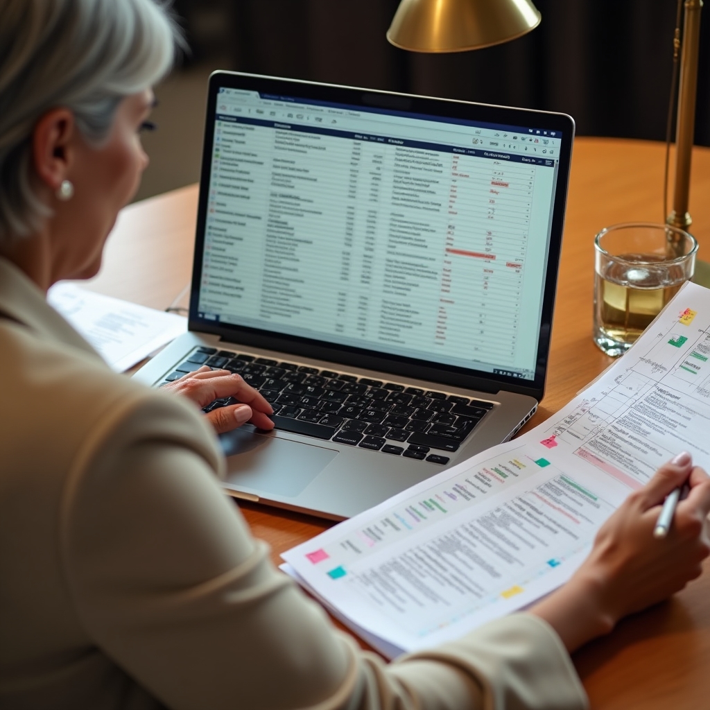 Consultant reviewing detailed content audit spreadsheet on laptop with sticky notes and printed reports on a modern desk