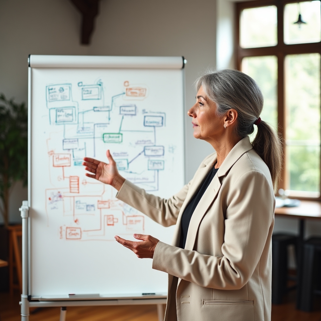 Content audit specialist, woman in her early 50s with silver-streaked hair, wearing a cream blazer, gesturing at a large whiteboard covered in content architecture diagrams