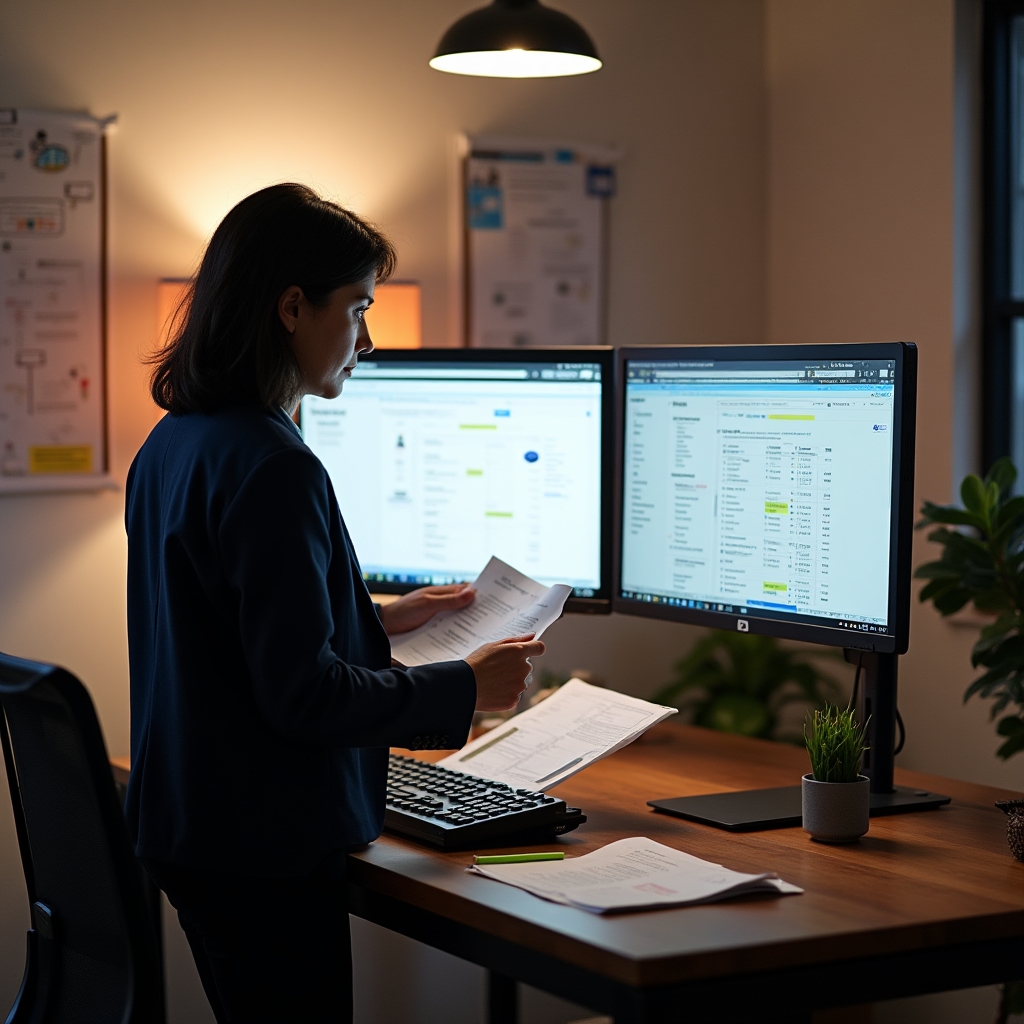 Consultant workspace with multiple monitors displaying content audit spreadsheets and SEO analysis tools