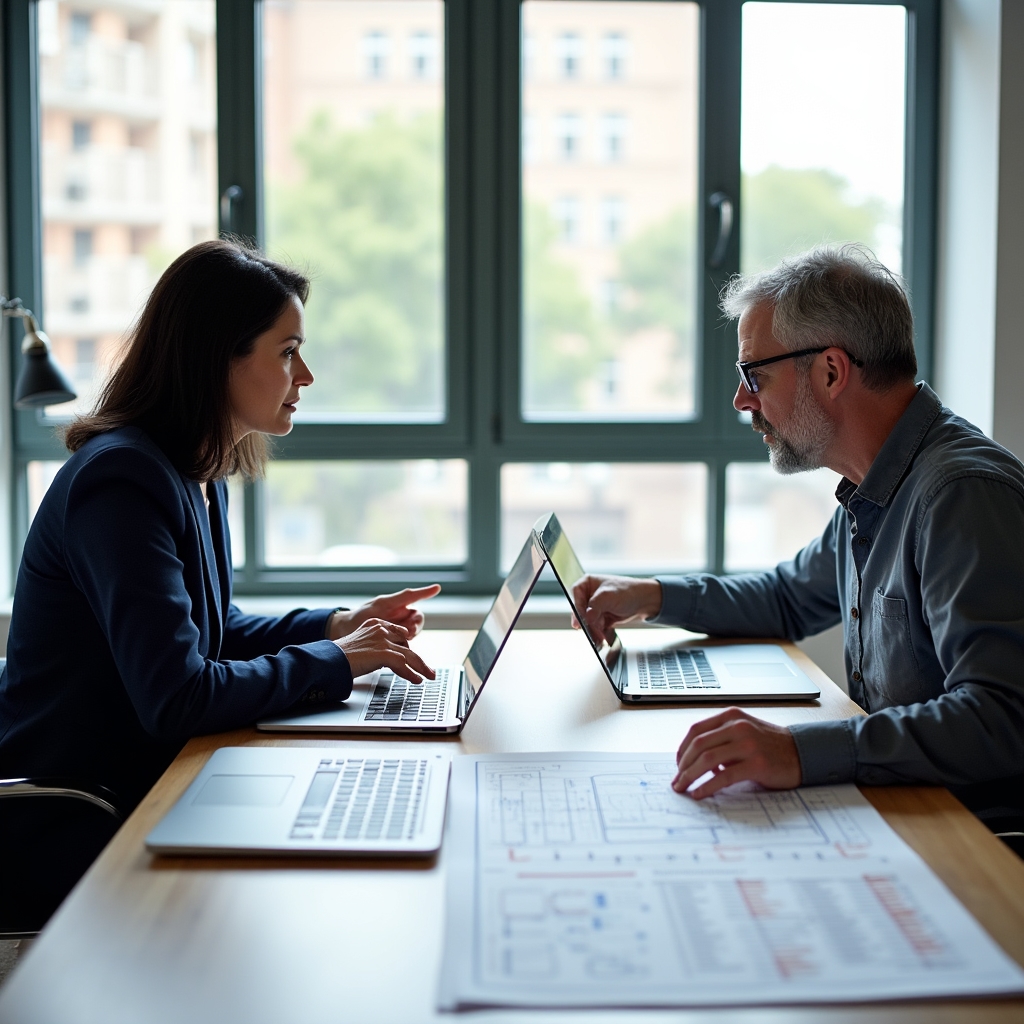 Two consultants in a collaborative strategy session, reviewing printed content audit reports on a wooden table in a bright studio environment