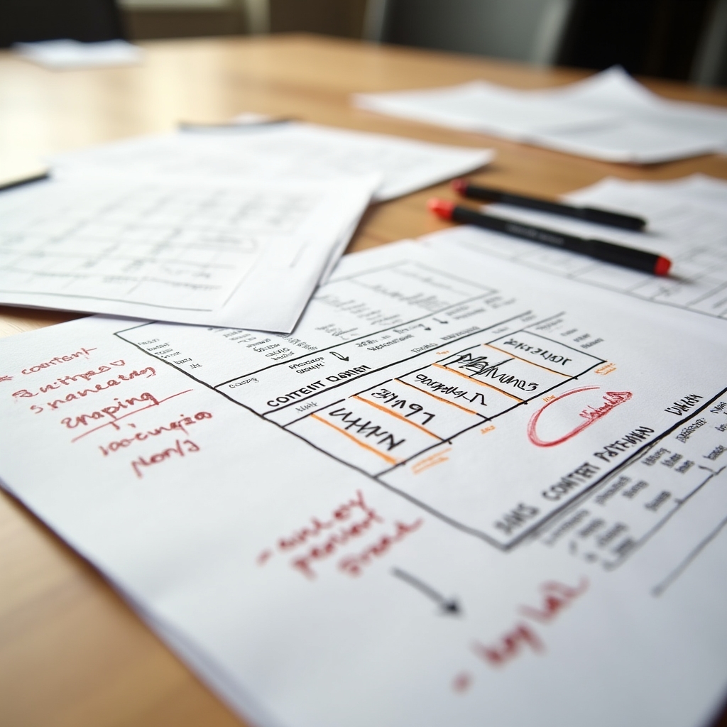Close-up of detailed content strategy documents spread across a desk with handwritten annotations and highlighter marks