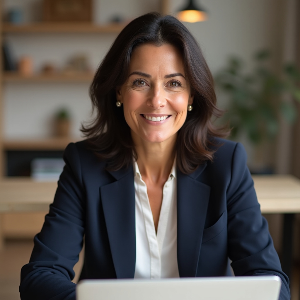 Senior content strategist, woman in her late 40s with dark hair, wearing a structured navy blazer, reviewing data on a laptop in a modern office