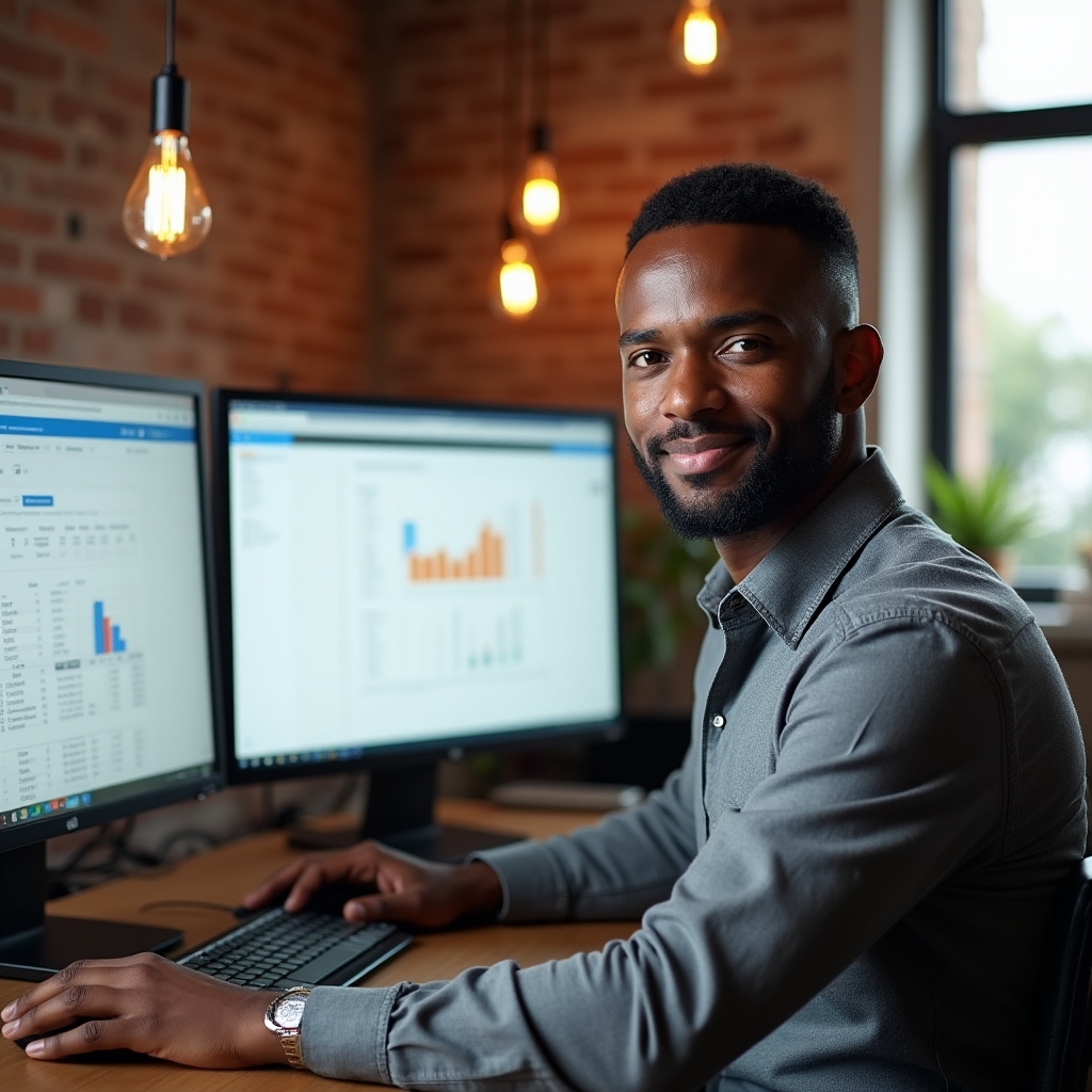 Technical SEO analyst, man in his early 40s with close-cropped hair, wearing a grey button-down shirt, focused expression while analyzing search console data on dual monitors